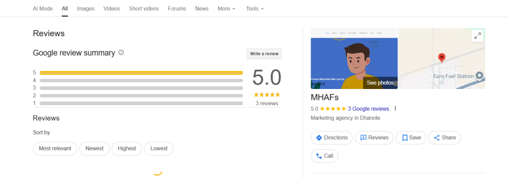 Reviews on Google business profile of MHAFs