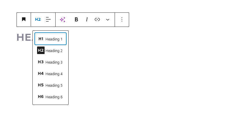 A screenshot of Headings in WordPress Editor