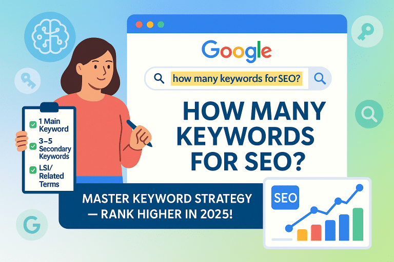 Infographic-style featured image showing keyword strategy steps for SEO with a writer, checklist, and Google search visuals.