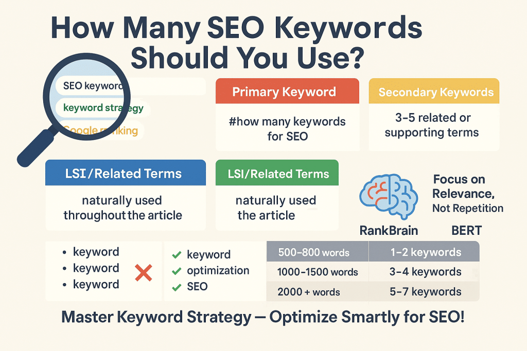 Infographic showing how many SEO keywords to use, including primary, secondary, and LSI keywords with examples and Google algorithm focus.