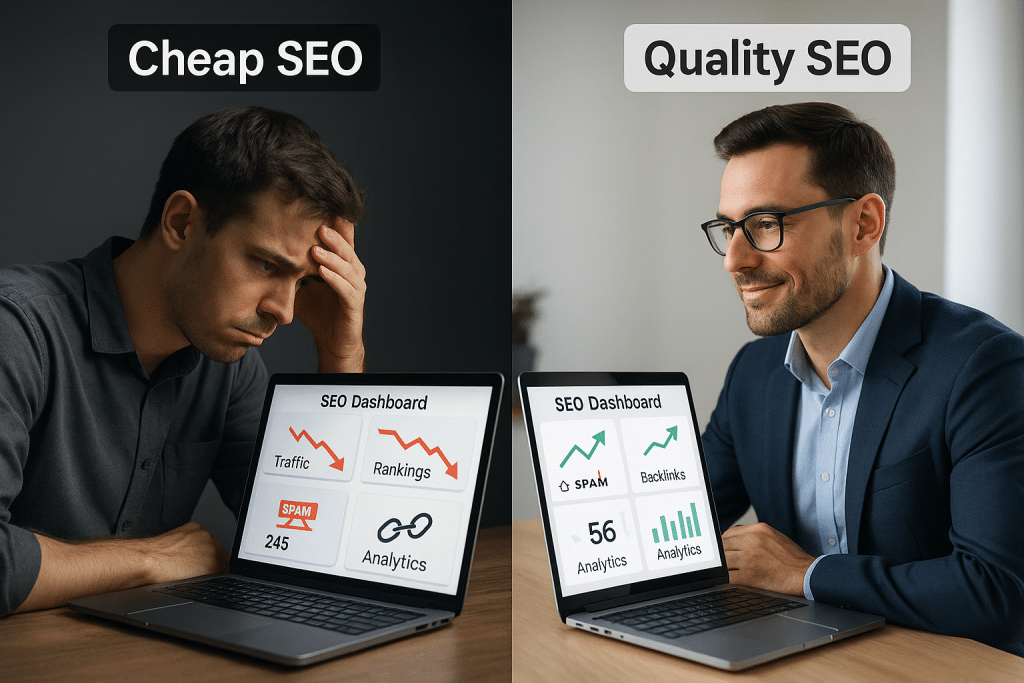 A realistic split-screen image comparing Cheap SEO and Quality SEO. One side shows low-cost, unprofessional results with spammy metrics, while the other shows clean analytics, upward trends, and strong business growth. The image represents the difference in outcomes, reliability, and long-term value between cheap and quality SEO services.