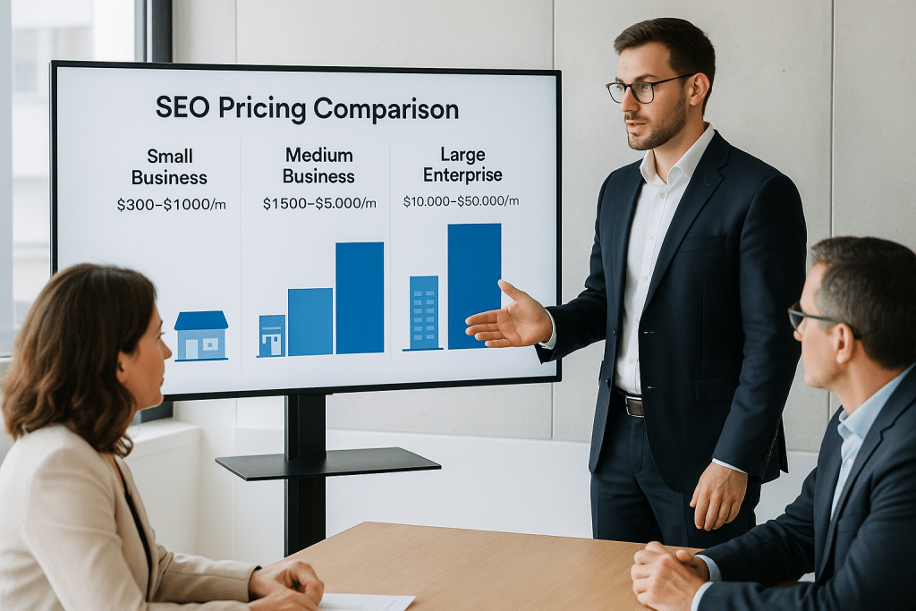SEO Pricing by Business Type — visual chart comparing SEO costs for small, medium, and large enterprises.