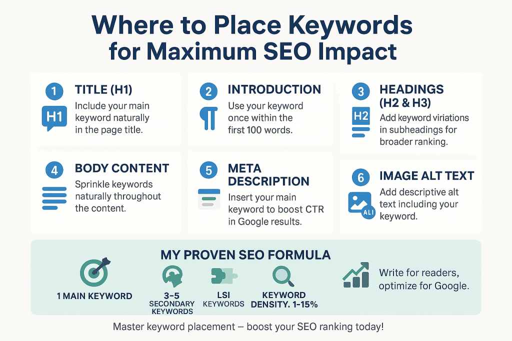 Infographic showing how to place keywords in title, headings, intro, meta description, and images for best SEO results.
