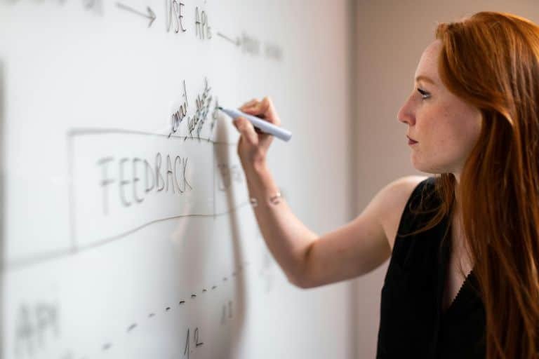 A woman writing about Local SEO on her White Board
