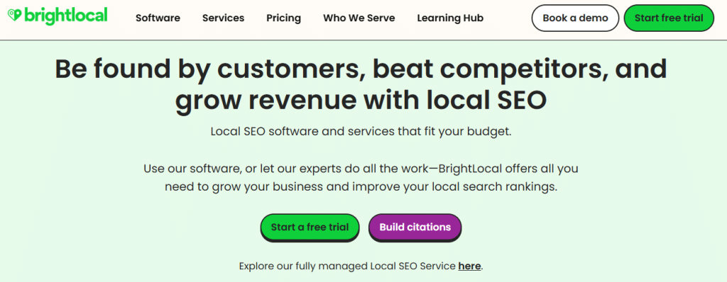 A screenshot of BrightLocal Homepage 