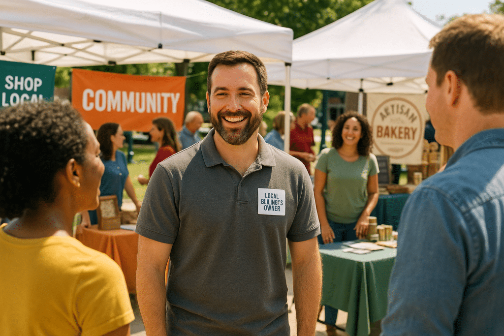 Local business owner networking at a community event to build relationships and backlinks for better local SEO.