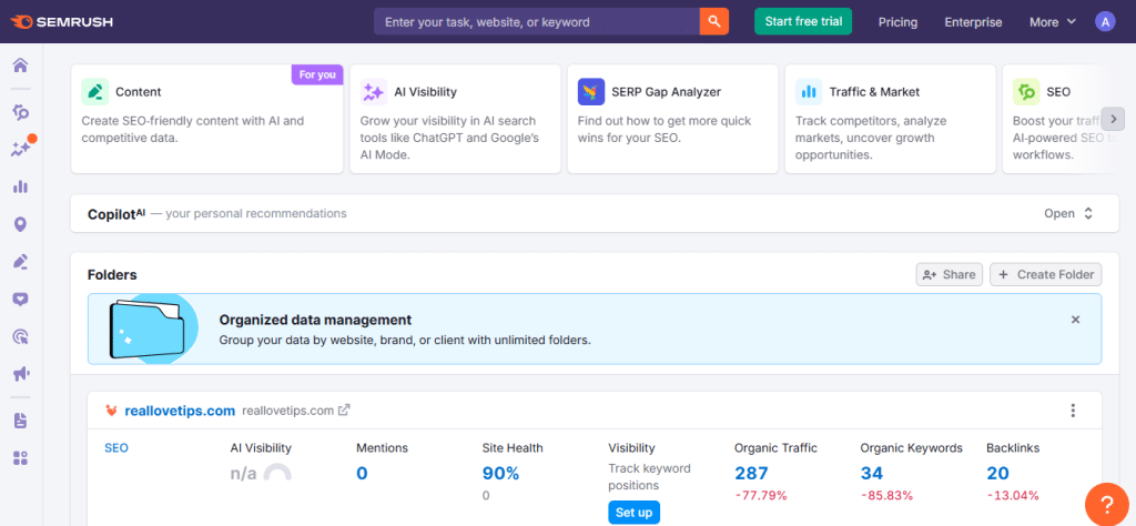 A screenshot of Semrush Dahsboard