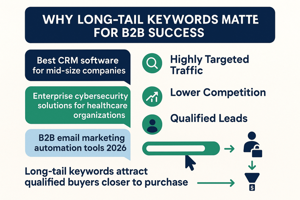 Infographic showing long-tail B2B keywords, their examples, and benefits like targeted traffic and qualified leads.