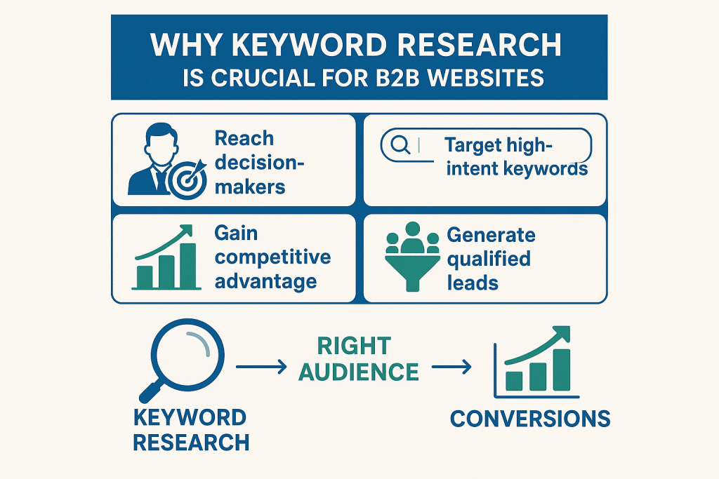 Infographic showing why keyword research is crucial for B2B websites, with benefits like targeting decision-makers and generating leads.